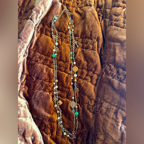 Henri Bendel Double Layer Necklace- Gold, Pearls, and Green Stones with Charms - Picture 1 of 6